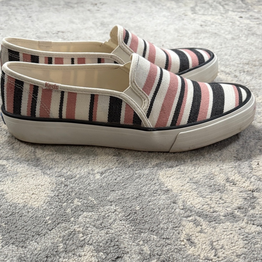 Keds Pink and Black Striped Slip-On Sneakers-Womens 10